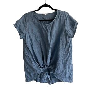 VANESSA ZANI Italy Linen Crew Neck Short Sleeve Tie Front Blouse Blue S